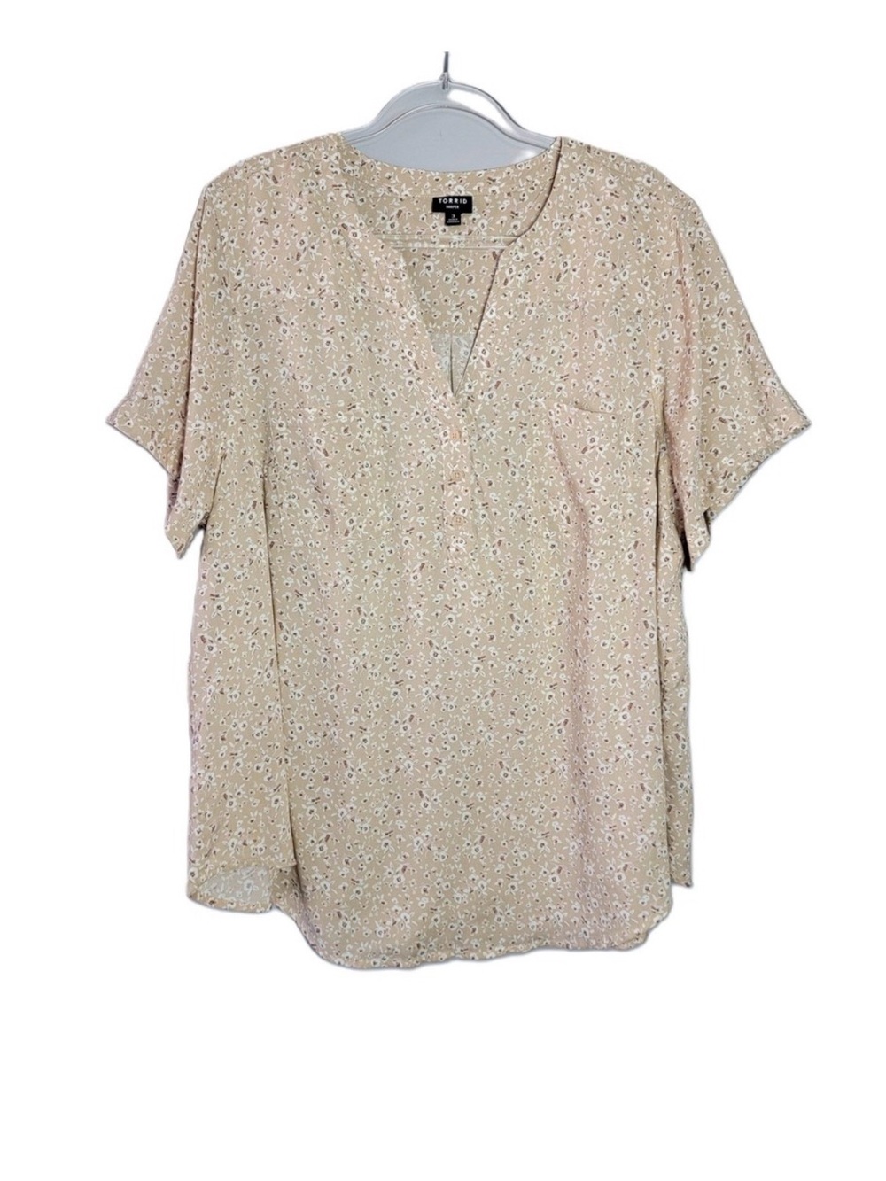 Torrid Harper Women's Plus Size 3X Beige Floral Print V-Neck‎ Short Sleeve Top